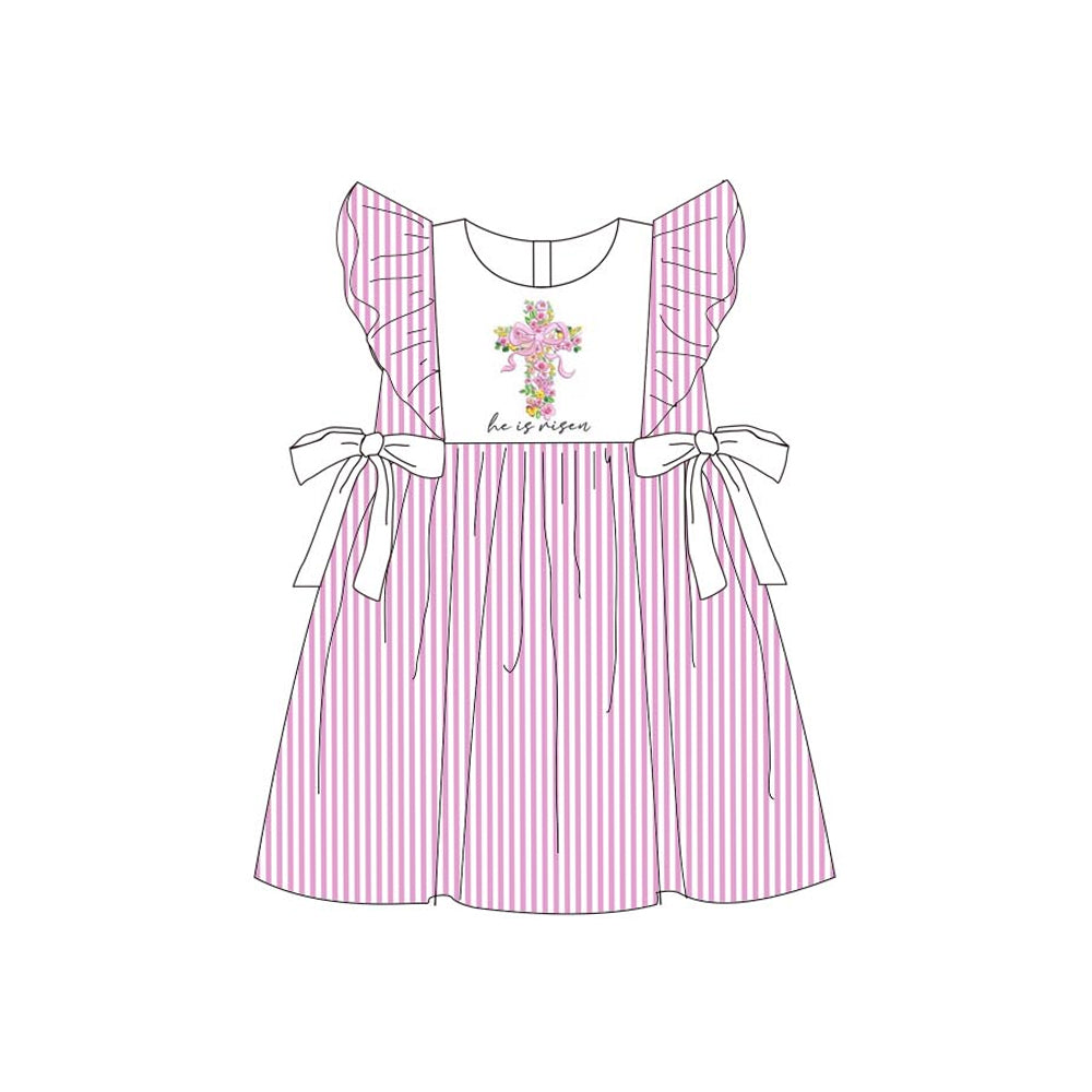 Baby Girls Flutter Sleeve Pink Stripe Floral Crosses Easter Knee Length Dresses Preorder