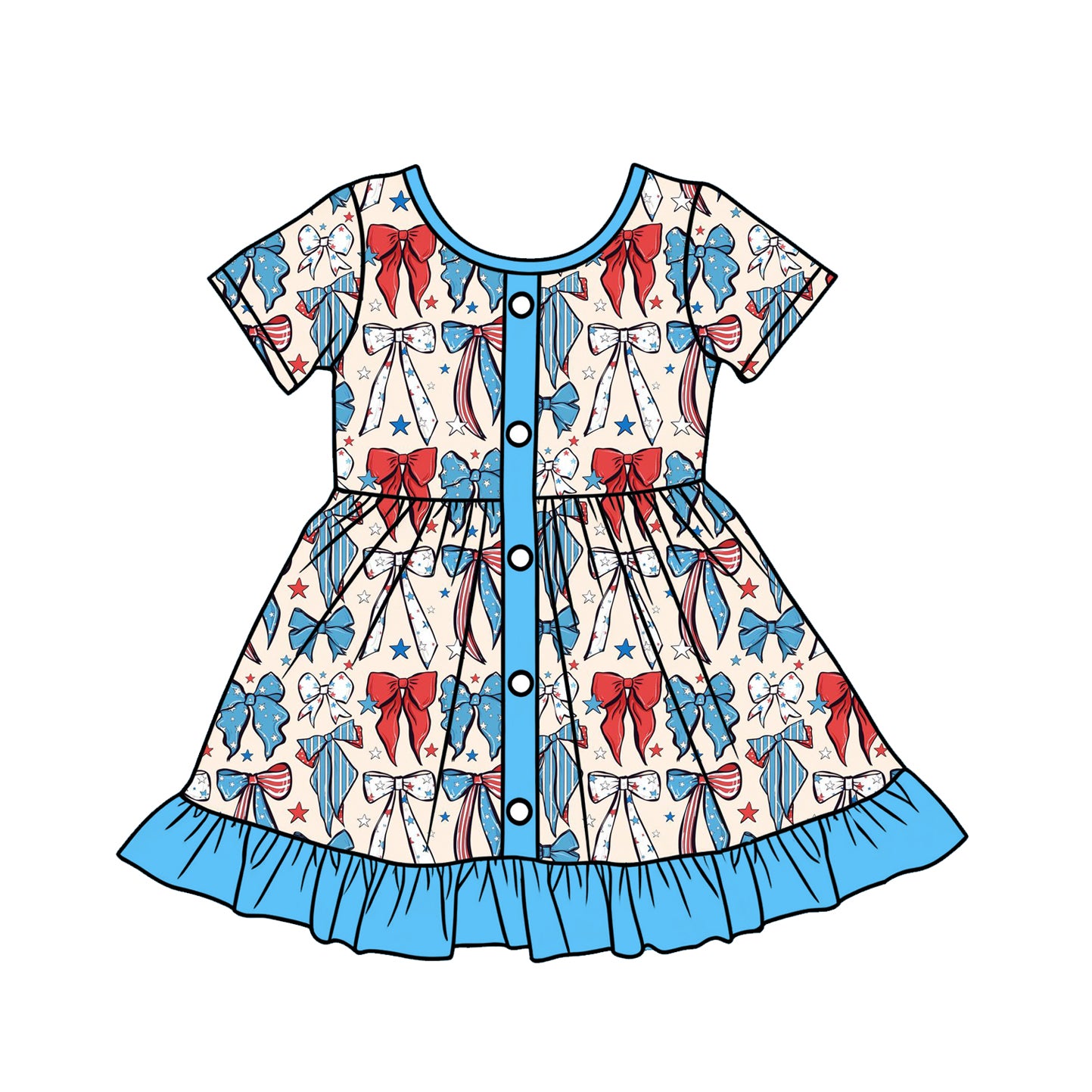 Baby Girls Blue Red Bows Stars 4th of July Button Ruffle Knee Length Dresses Preorder