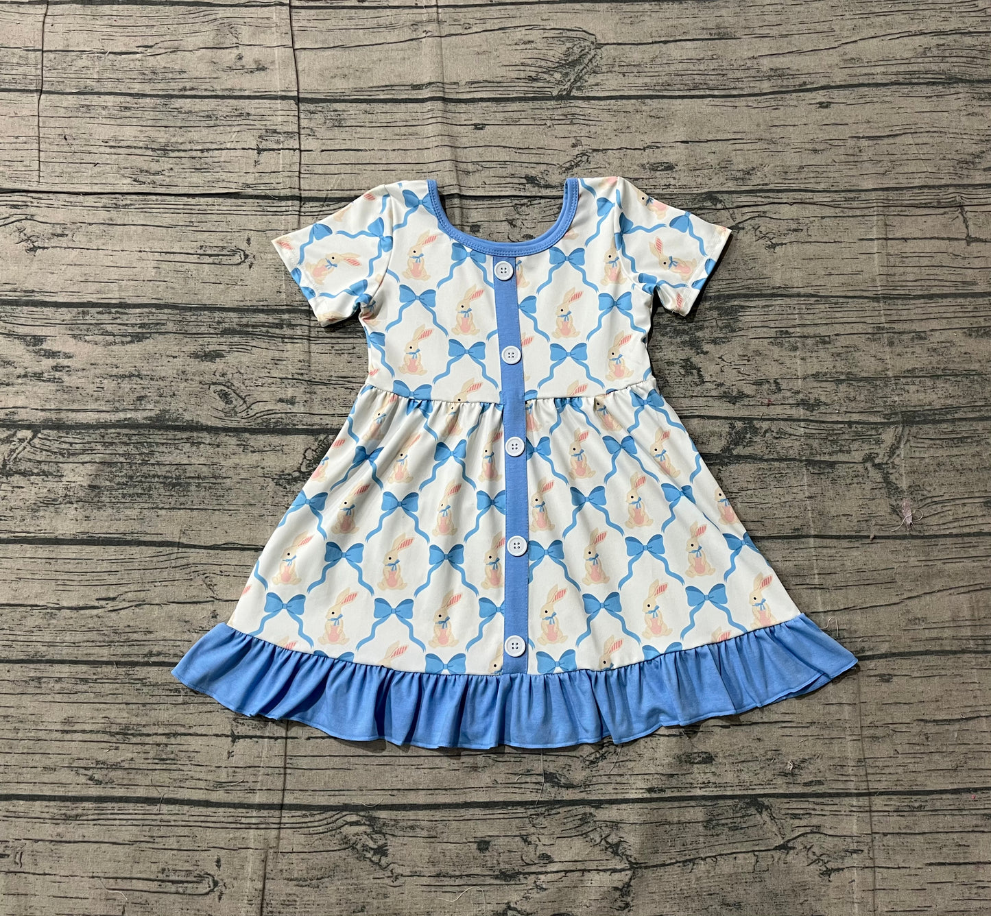 Baby Girls Bows Rabbits Checked Button Easter Ruffle Knee Length Dresses