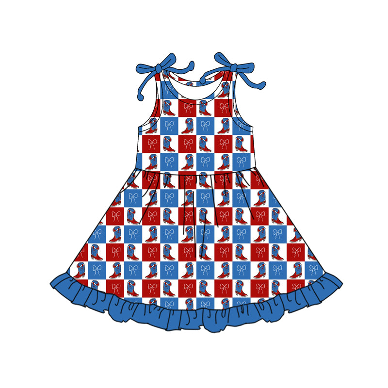 Baby Girls Red Blue Bows Boots Checked 4th of July Ruffle Knee Length Dresses Preorder