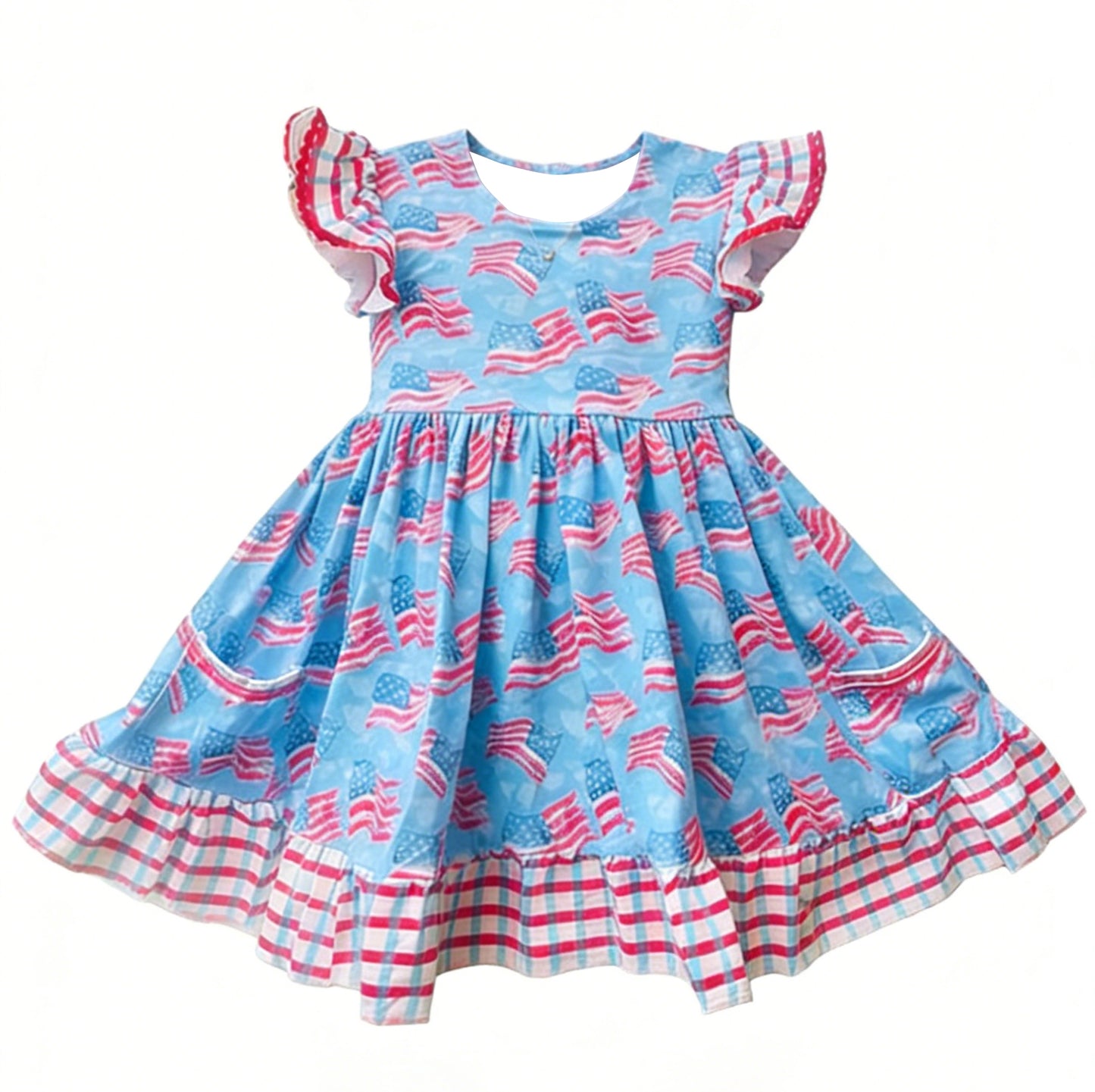 Baby Girls Flutter Sleeve Flags 4th of July Ruffle Knee Length Dresses Preorder