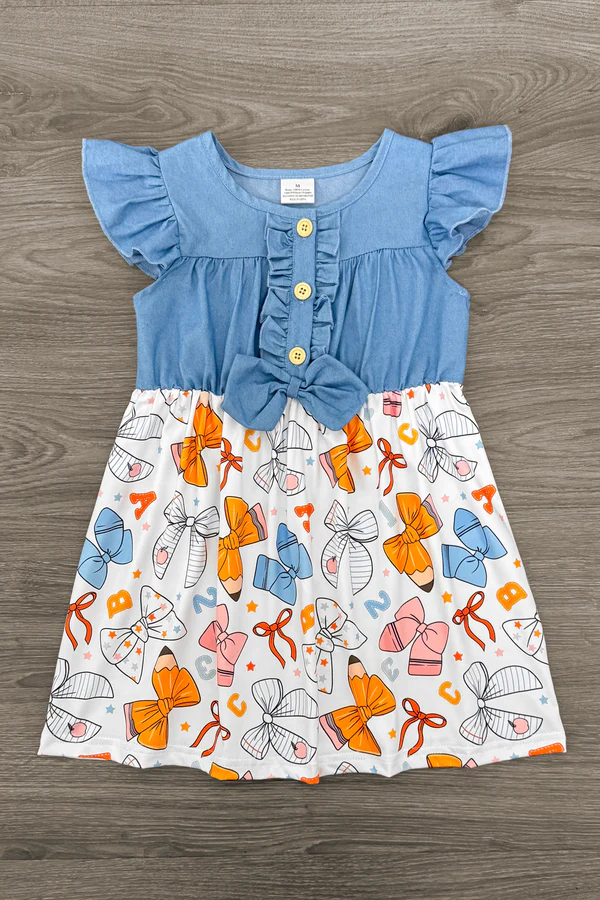 Baby Girls Pencil Bows Button Back to School Knee Length Dresses Preorder