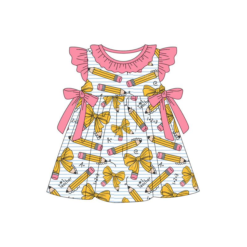 Baby Girls Pencils Stripe Collar Back to School Bows Knee Length Dresses Preorder