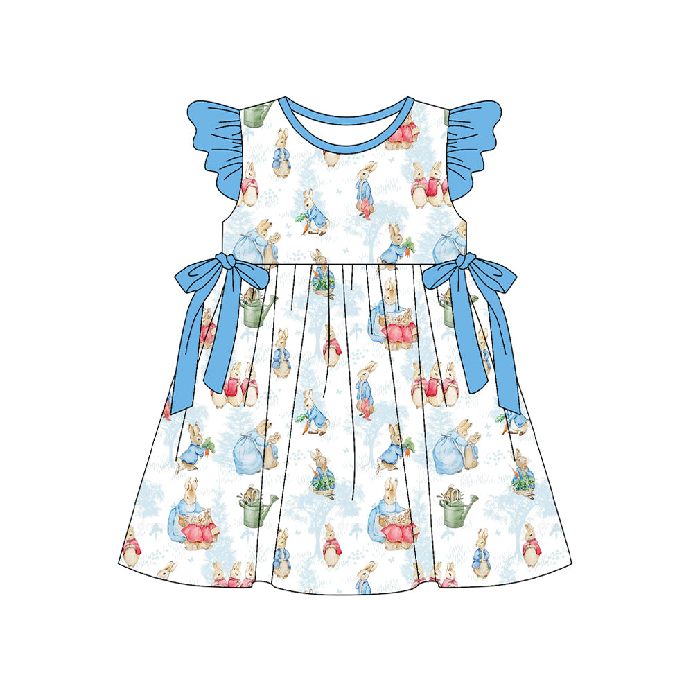 Baby Girls Flutter Sleeve Rabbits Bows Easter Knee Length Dresses Preorder