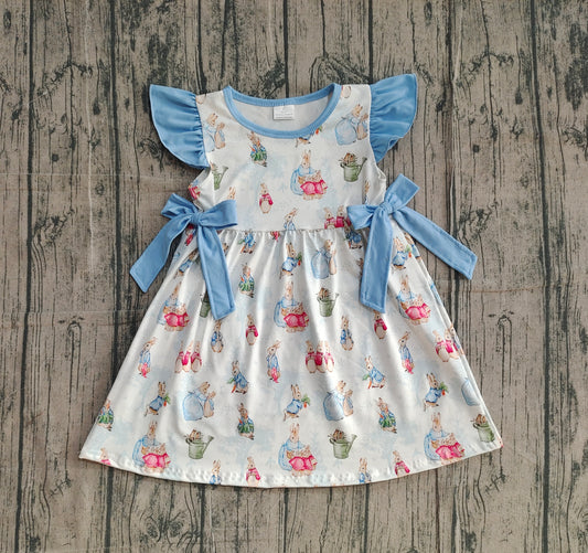 Baby Girls Flutter Sleeve Rabbits Bows Easter Knee Length Dresses