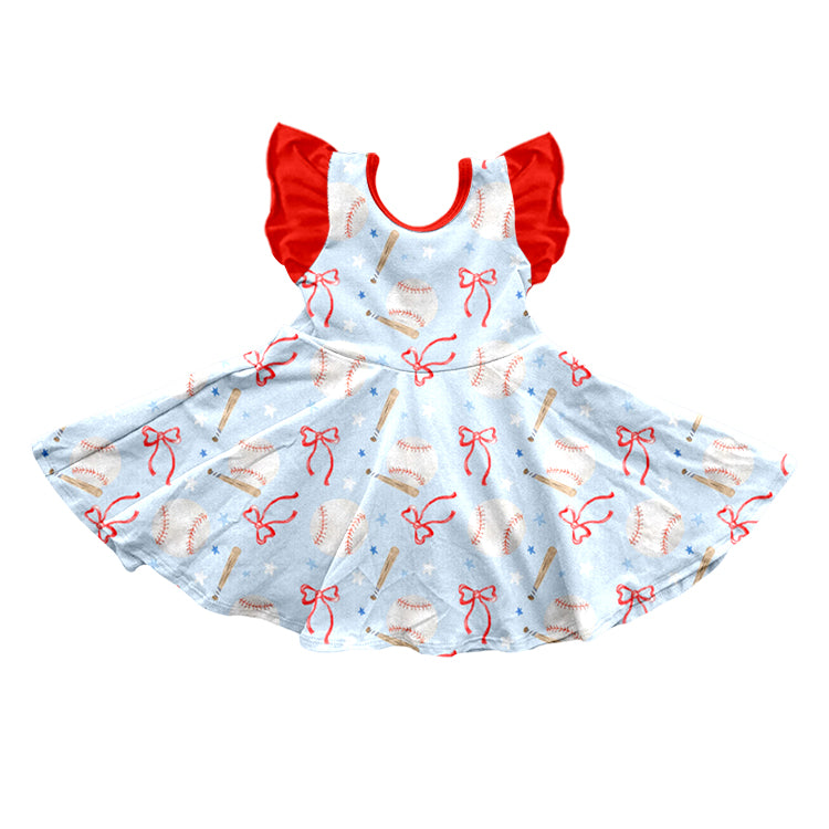 Baby Girls Flutter Sleeve Baseballs Bows Team Knee Length Dresses Preorder
