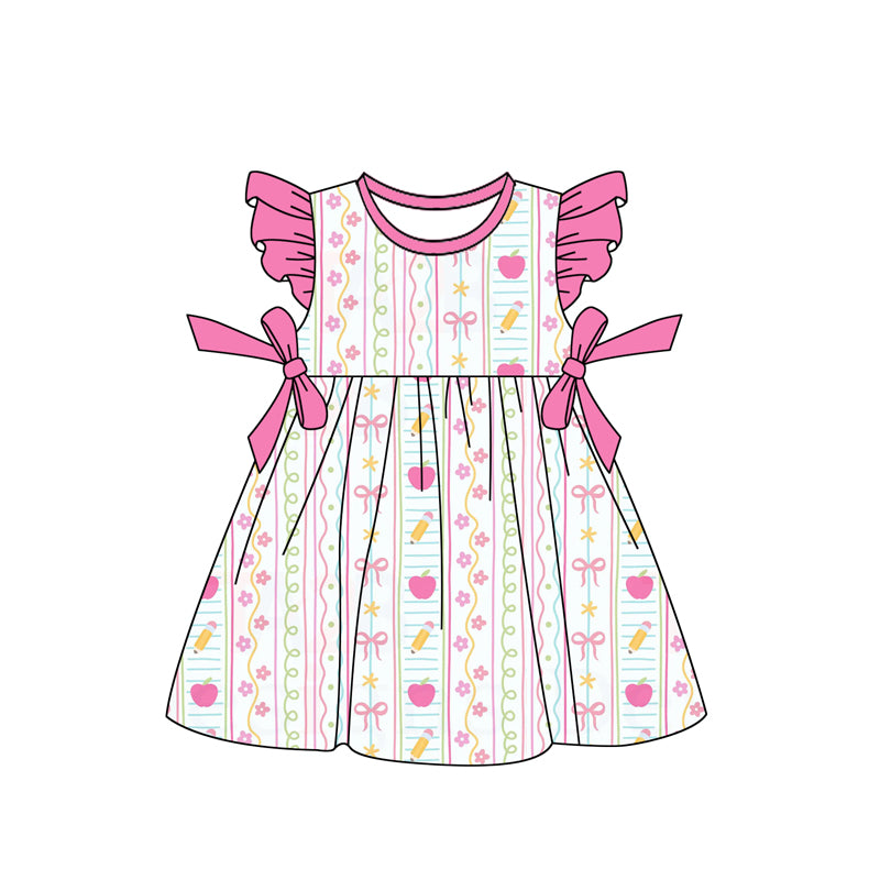 Baby Girls Flutter Sleeve Apples Pencils Back to School Bows Knee Length Dresses Preorder