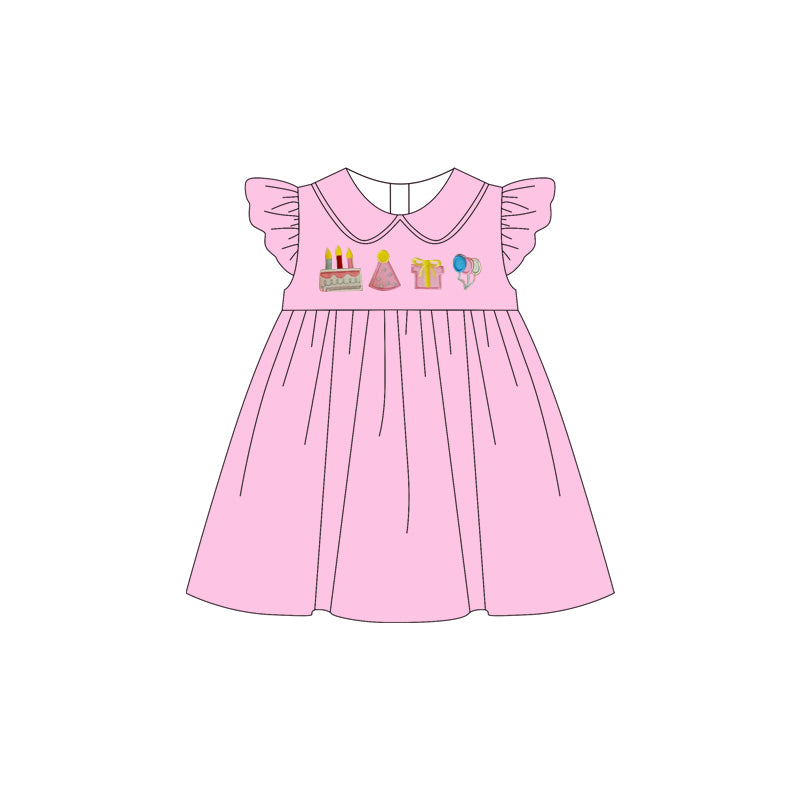 Baby Girls Pink Flutter Sleeve Happy Birthday Cakes Knee Length Dresses Preorder