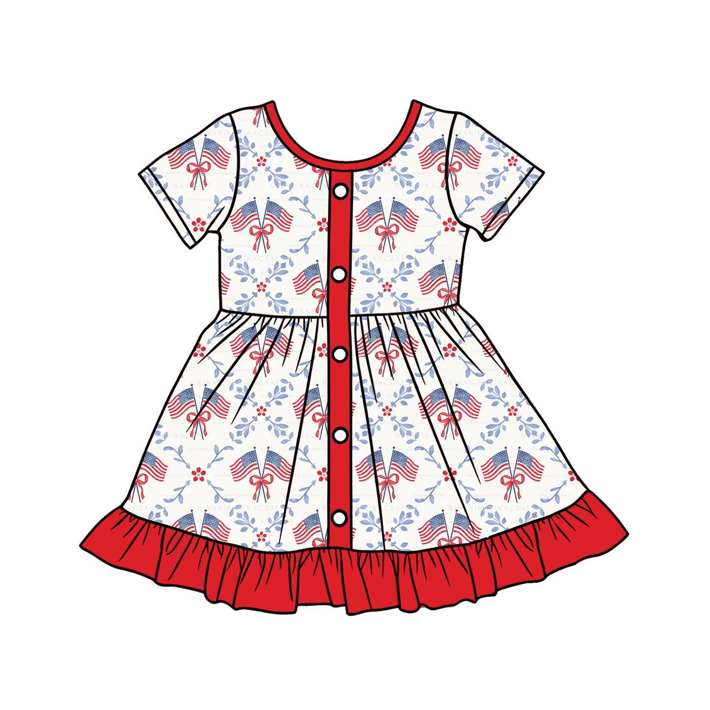 Baby Girls Flowers Bows Flags Button Ruffle 4th of July Knee Length Dresses Preorder