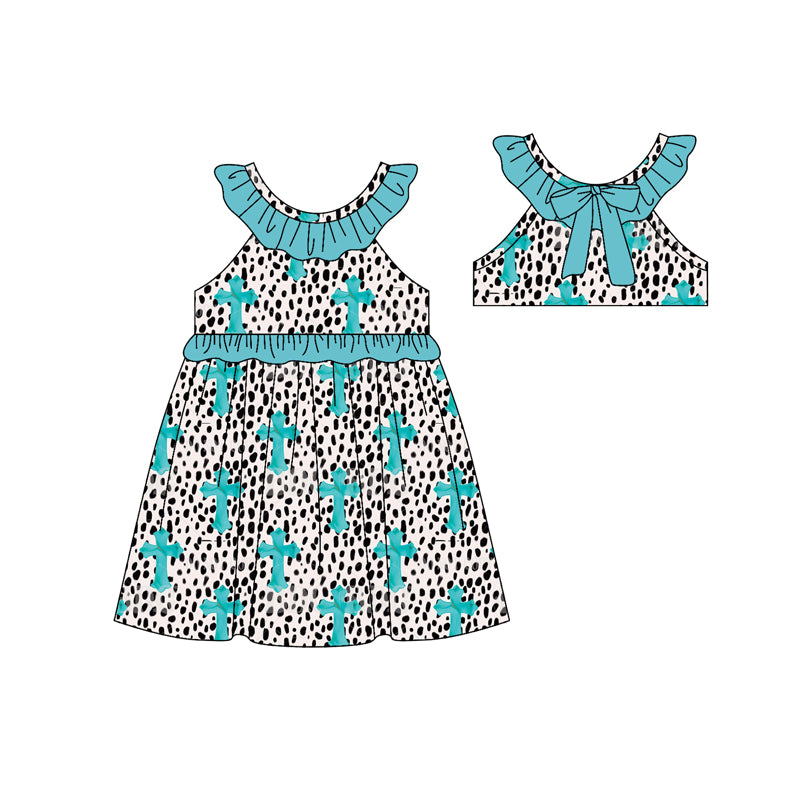 Baby Girls Leopard Crosses Ruffle Collar Back Bows Easter Knee length Dresses Preorder