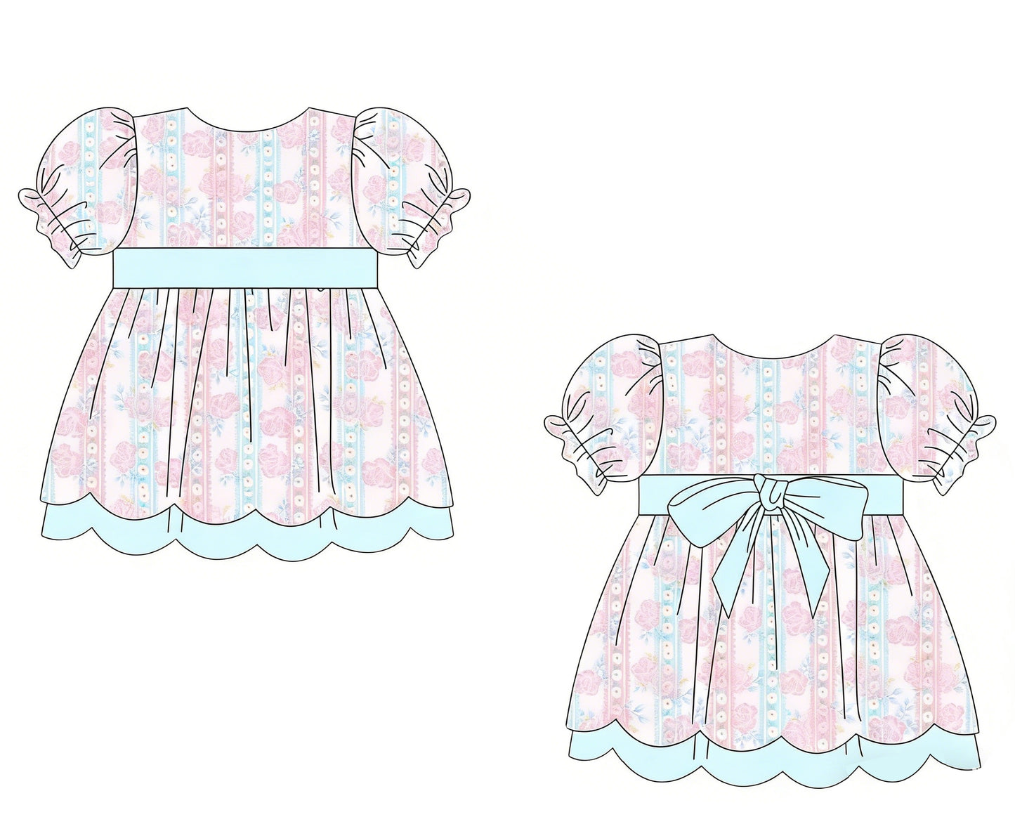 Baby Girls Pink Flowers Stripe With Belt Ruffle Knee Length Dresses Preorder
