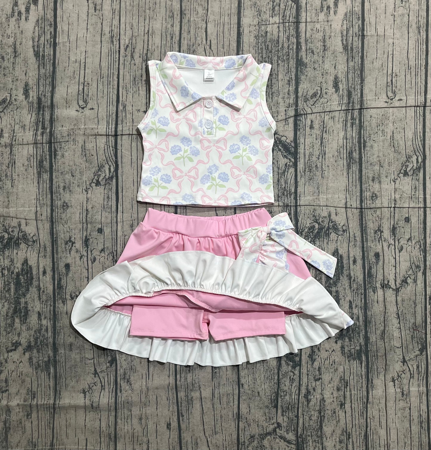 Baby Girls Pink Bows Flowers Checked Button Top Ruffle Skirt Shorts Yoga Clothes Sets Preorder
