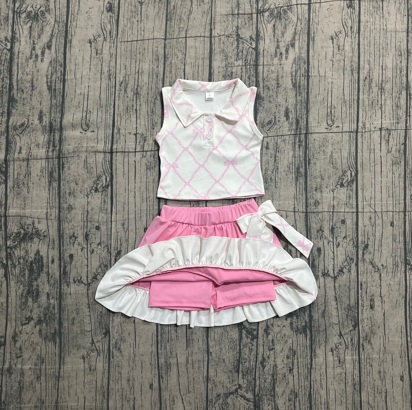 Baby Girls Pink Bows Checked Button Top Ruffle Skirt Shorts Yoga Clothes Sets