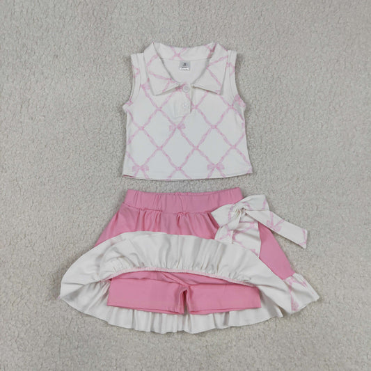 Baby Girls Pink Bows Checked Button Top Ruffle Skirt Shorts Yoga Clothes Sets