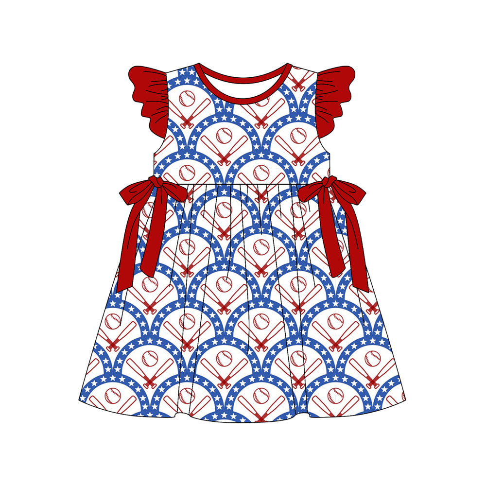 Baby Girls Stars Baseballs Checked Bows Team Knee Length Dresses Preorder