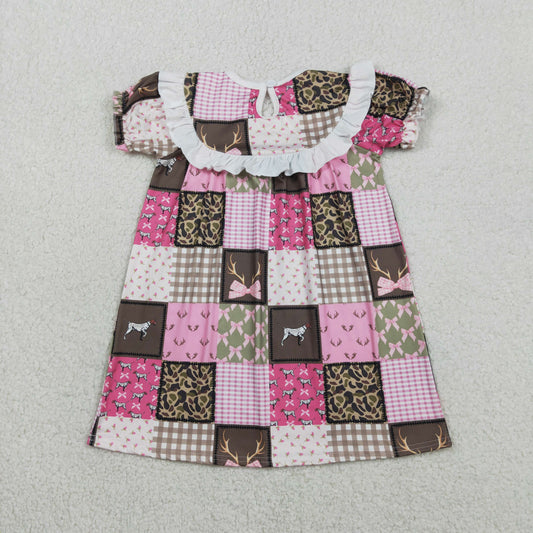 Smocked Daddy's Girls Deer Dogs Bows Checked Hunting Knee Length Dresses