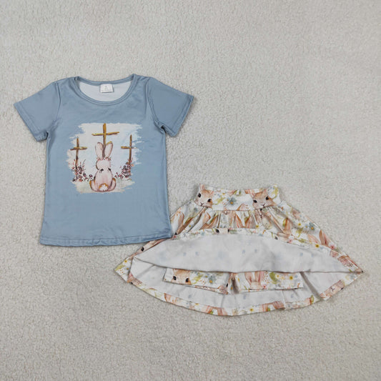 Baby Girls Short Sleeve Crosses Rabbit Top Skirt Shorts Easter Clothes Sets
