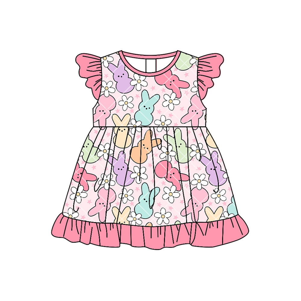 Baby Girls Flowers Rabbits Easter Ruffle Knee Length Dresses Preorder