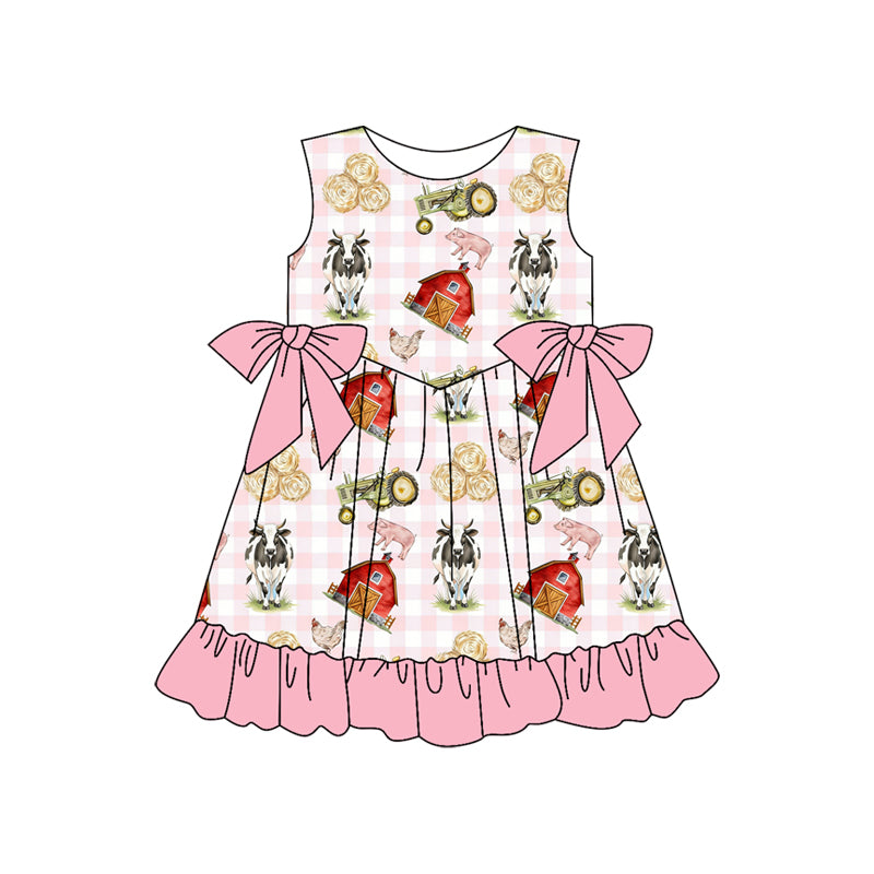 Baby Girls Pink Checked Farm Bows Ruffle Knee Length Dresses