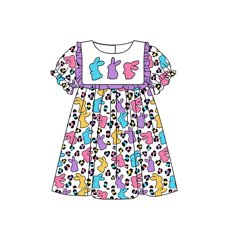 Baby Girls Colorful Rabbits Leopard Easter Knee Length Dresses