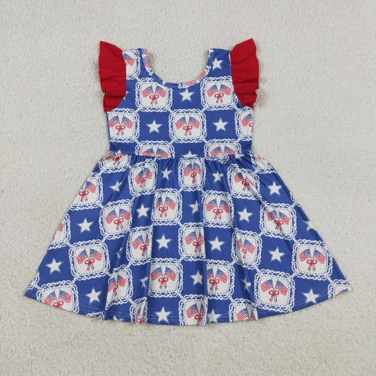 Baby Girls Flutter Sleeve Stars Flags Checked 4th of July Knee Length Dresses