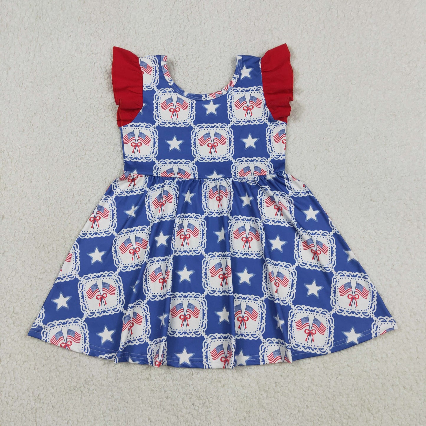 Sibling Baby Girls Bows Flags Stars Checked 4th of July Knee Length Dress Jumpsuits