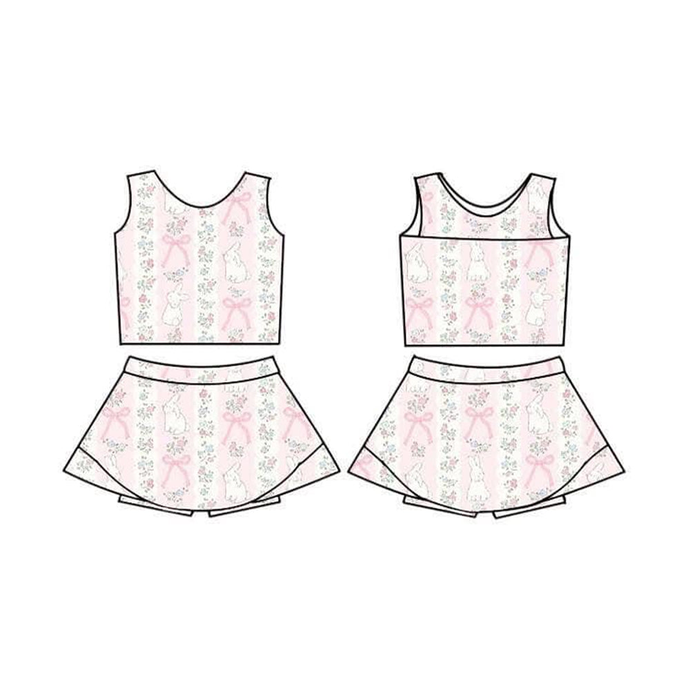 Baby Girls Pink Flower Rabbits Stripe Vest Skirt Short Easter Yoga Active Clothes Sets Preorder
