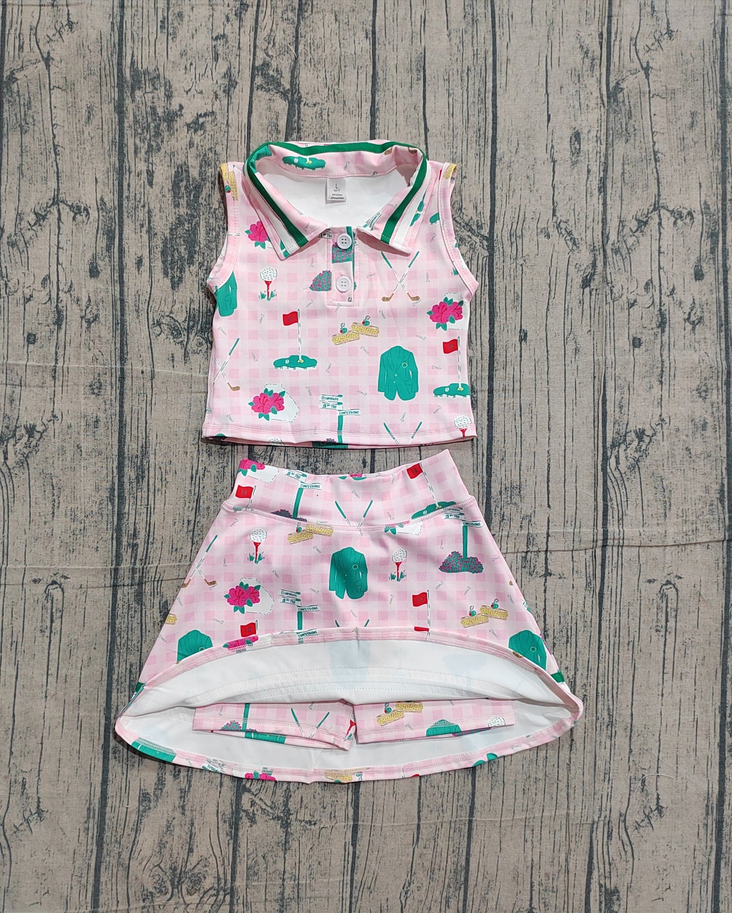 Baby Girls Pink Checked Golf Flags Button Top Skirt Short Yoga Active Clothes Sets