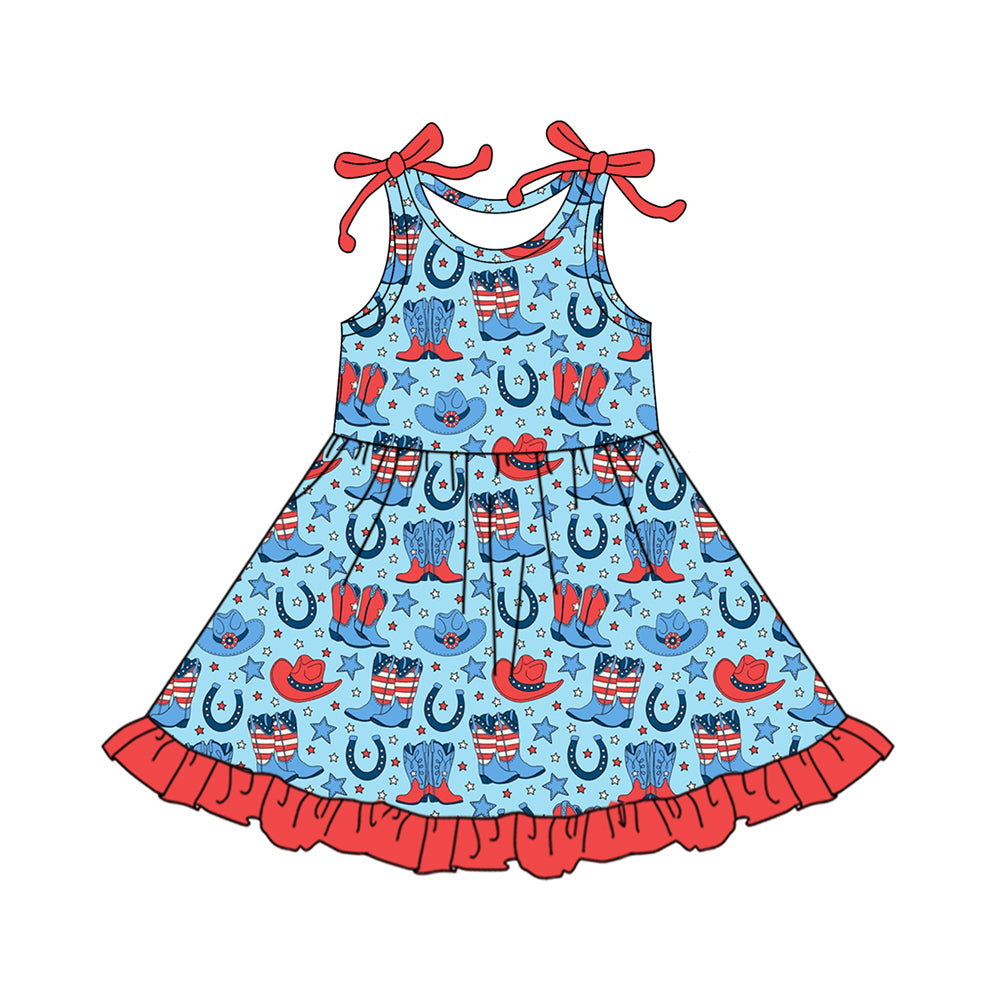 Baby Girls Sleeveless Stars Hats Boots 4th of July Western Ruffle Knee Length Dresses