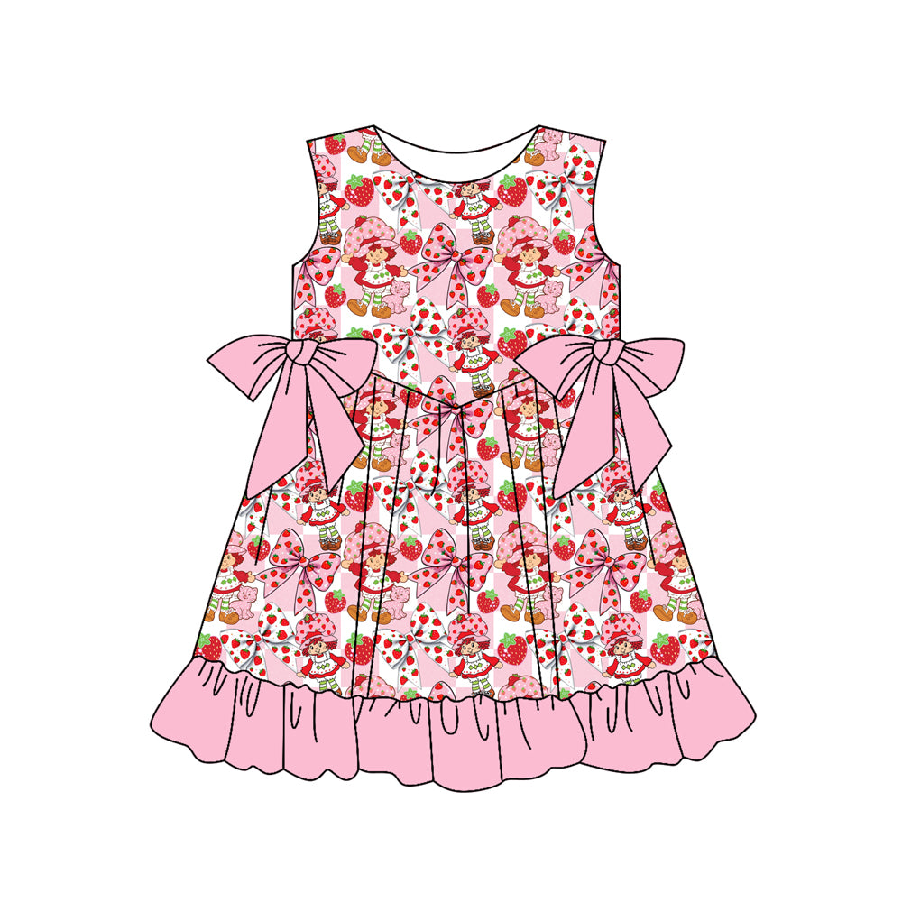 Baby Girls Sleeveless Pink Checked Strawberry Bows Ruffle Knee Length Dresses