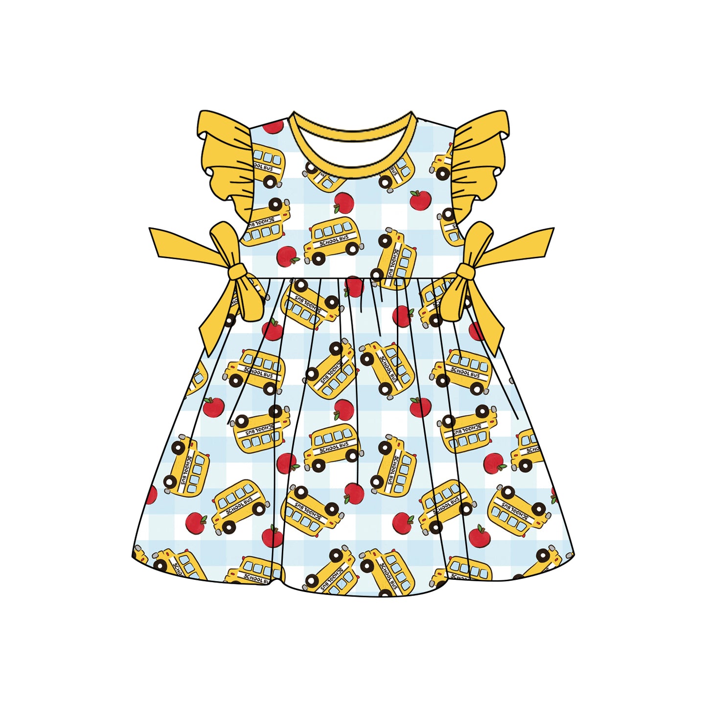Baby Girls Flutter Sleeve Apples Buses Bows Back to School Knee Length Dresses