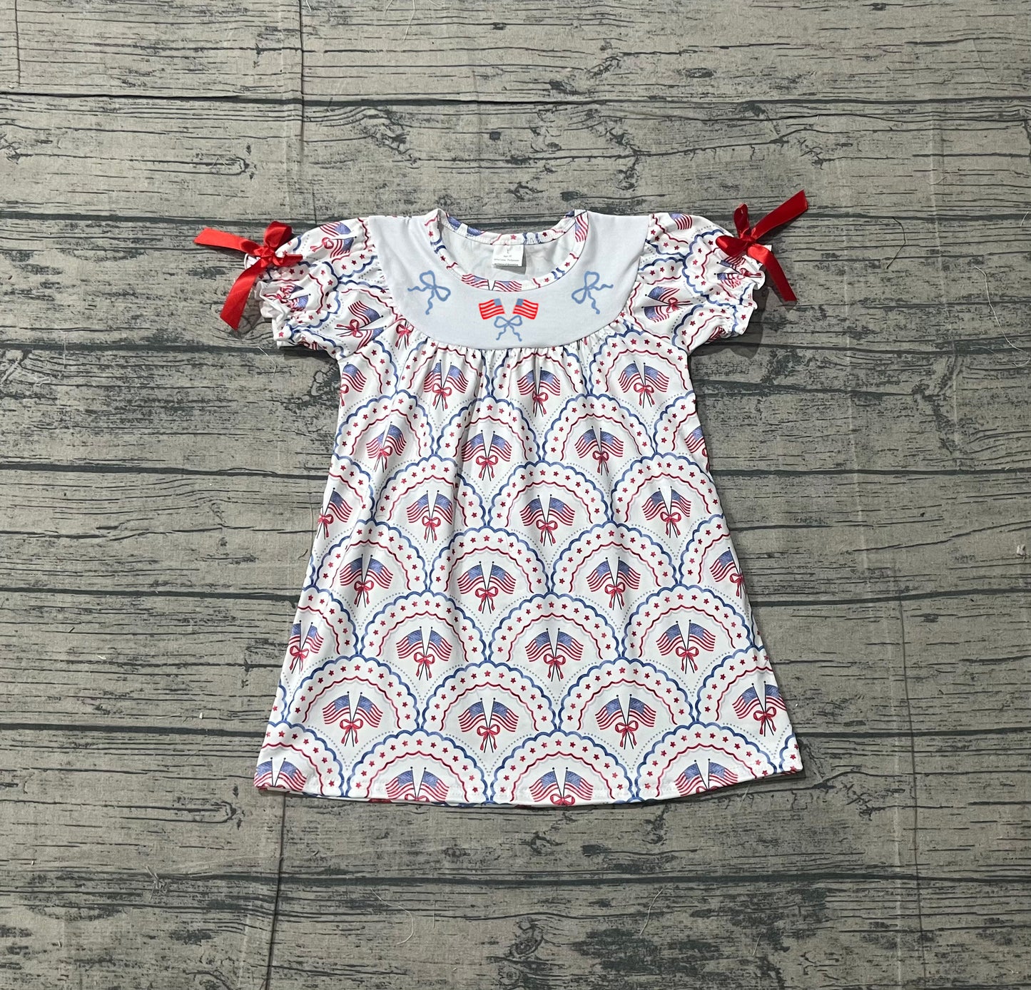 Embroidery Bows Flags Baby Girls Checked 4th of July Knee Length Dresses