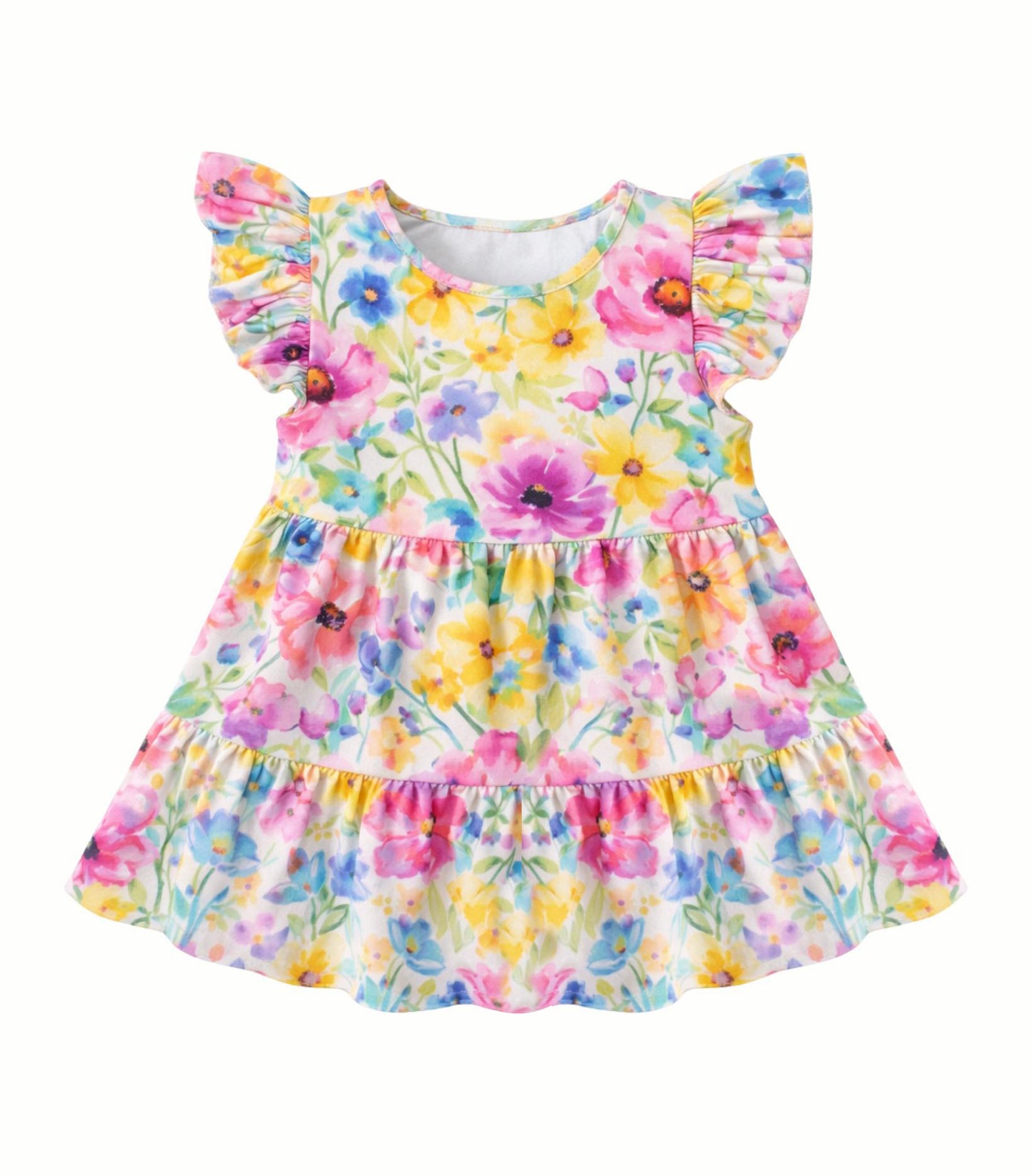 Baby Girls Flutter Sleeve Colorful Floral Patchwork Knee Length Dresses Preorder
