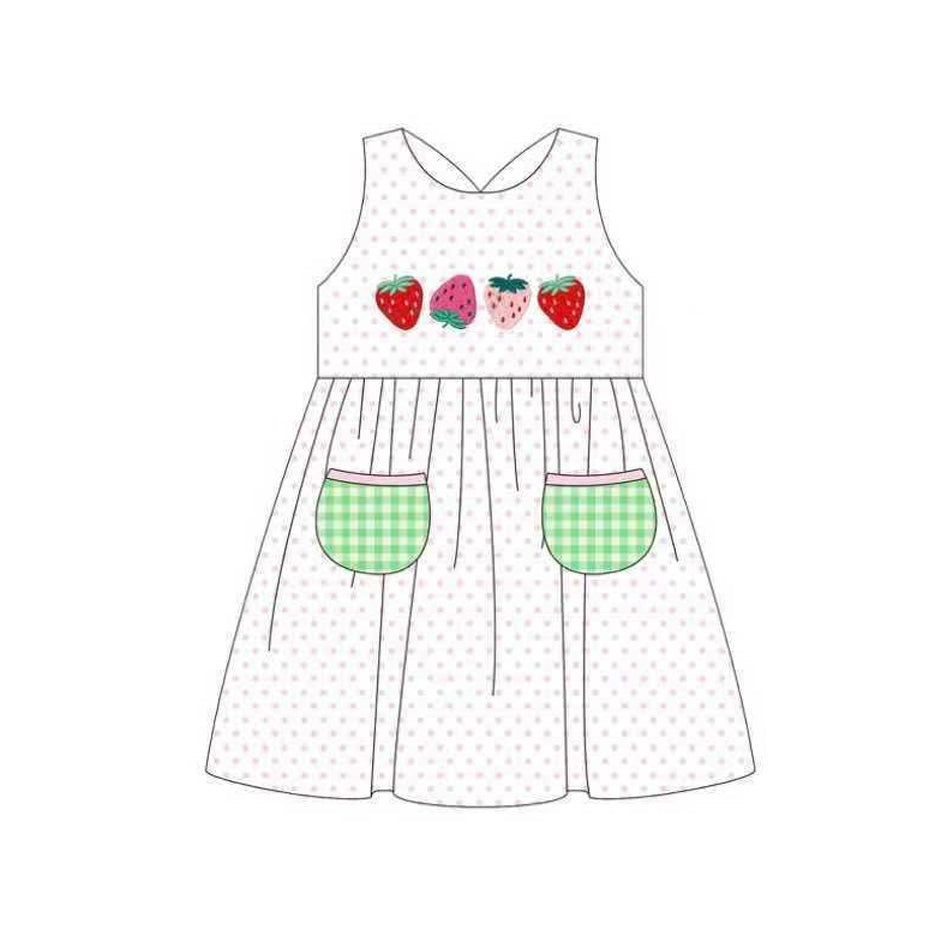 Baby Girls Sleeveless Strawberry Polka Dots Pockets Knee Length Dresses Preorder