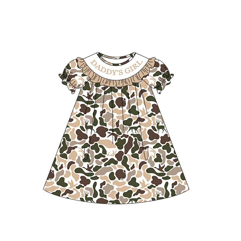 Baby Girls Southern Hunting Duck Dogs Camo Daddy's Girl Collar Knee Length Dresses Preorder
