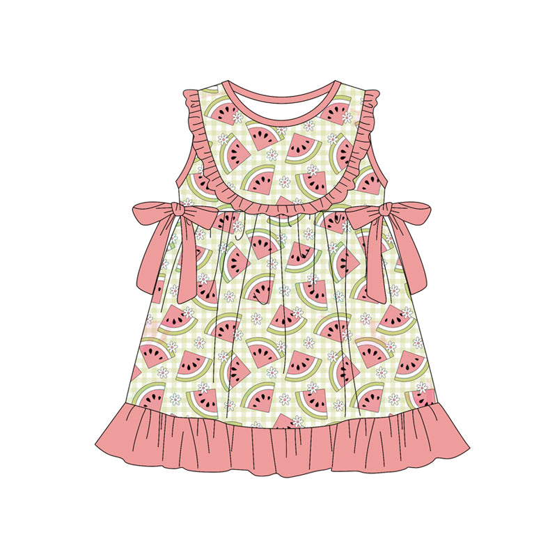 Baby Girls Green Checked Flowers Watermelons Ruffle Knee Length Dresses Preorder