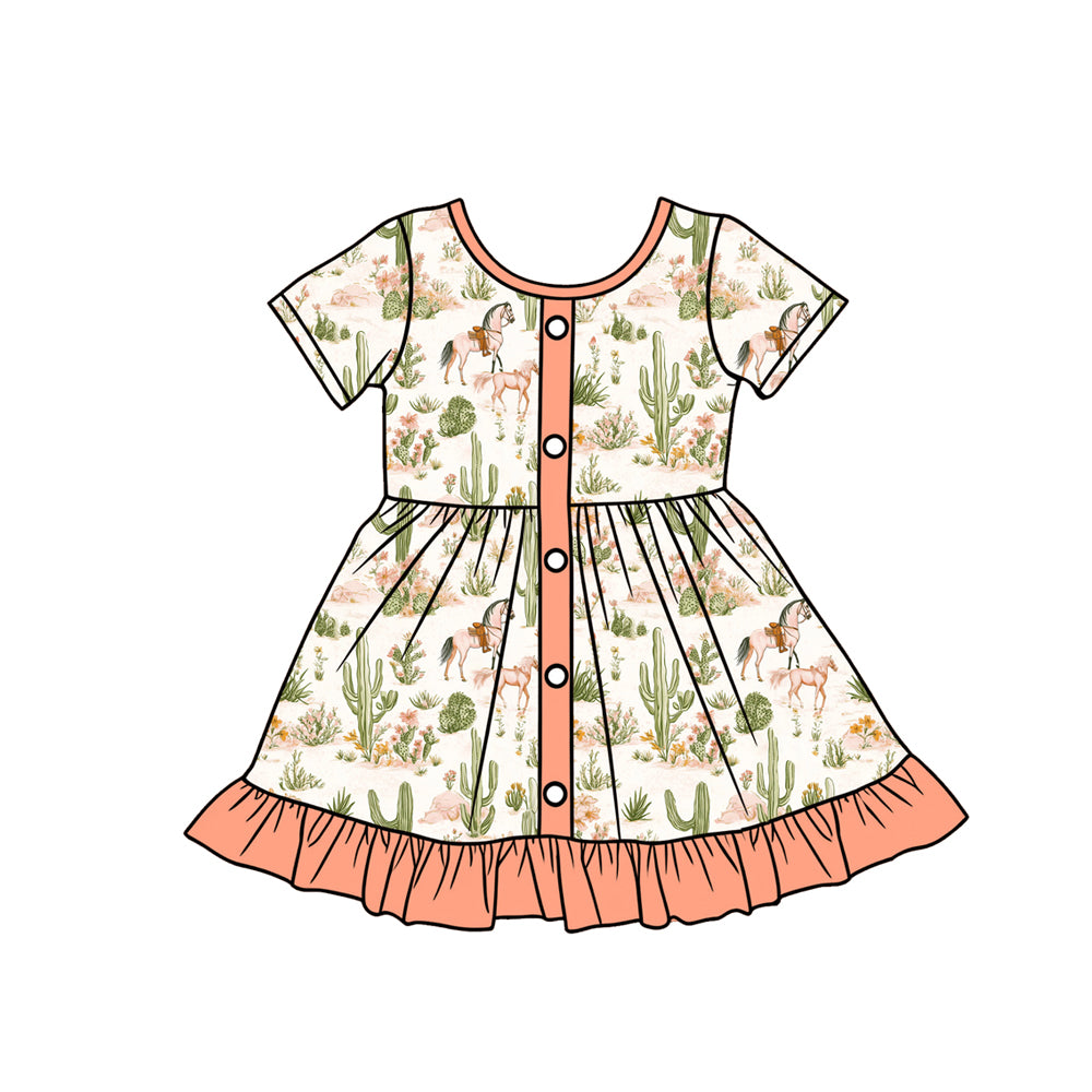 Baby Girls Cactus Horse Button Western Ruffle Knee Length Dresses Preorder
