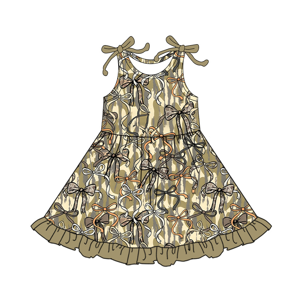 Baby Girls Southern Olive Camo Bows Ruffle Knee Length Dresses Preorder