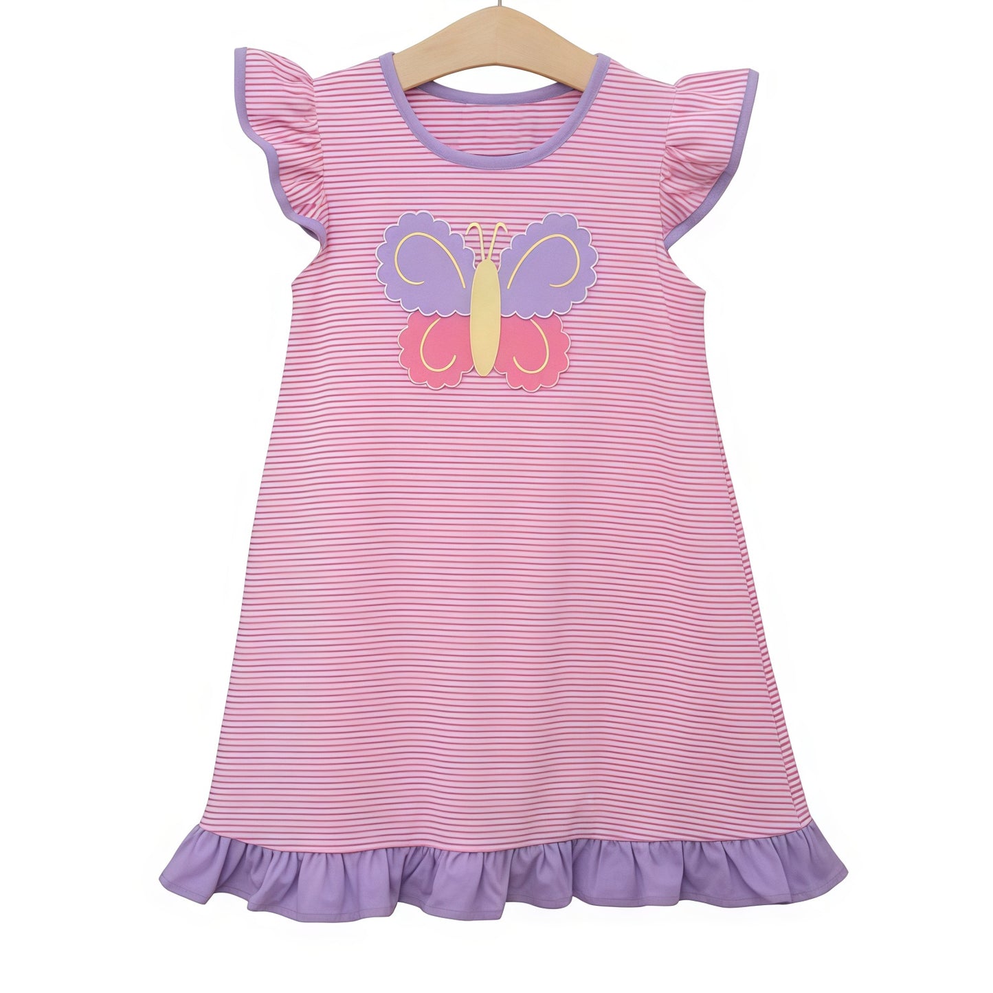 Baby Girls Flutter Sleeve Pink Stripe Butterfly Ruffle Knee Length Dresses Preorder