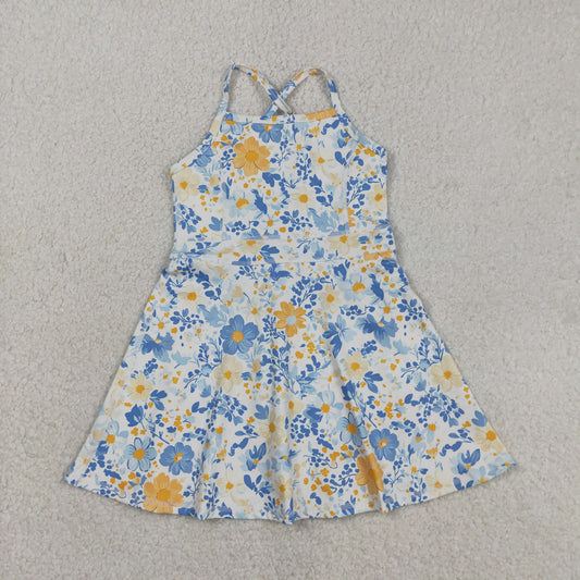 Sibling Baby Girls Strap Bows Flowers Yoga Active Shorts Knee Length Dresses