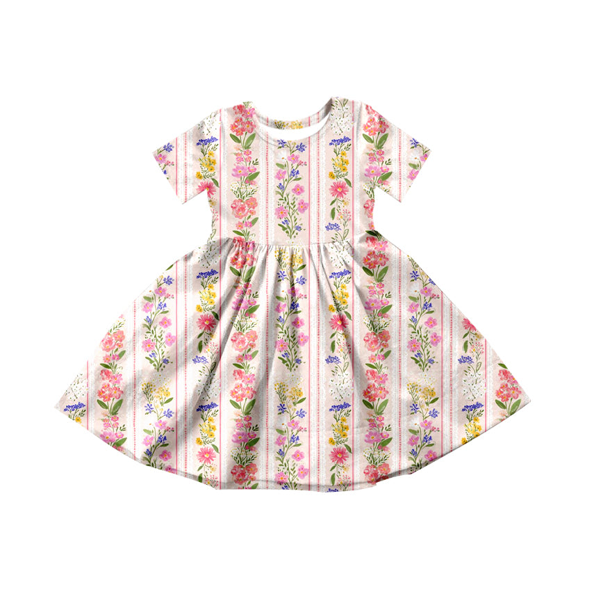 Baby Girls Colorful Flowers Stripe Knee Length Dresses Preorder