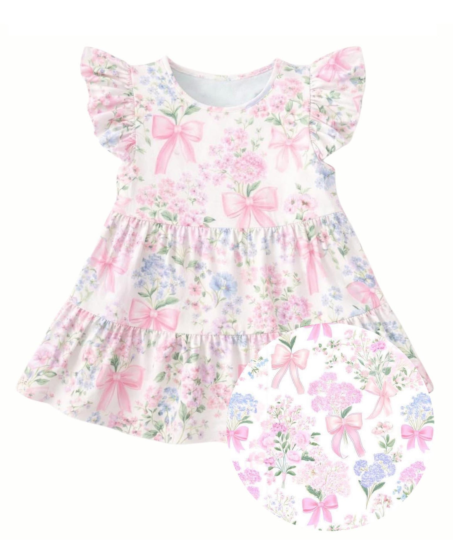 Baby Girls Flutter Sleeve Flowers Bows Patchwork Knee Length Dresses Preorder