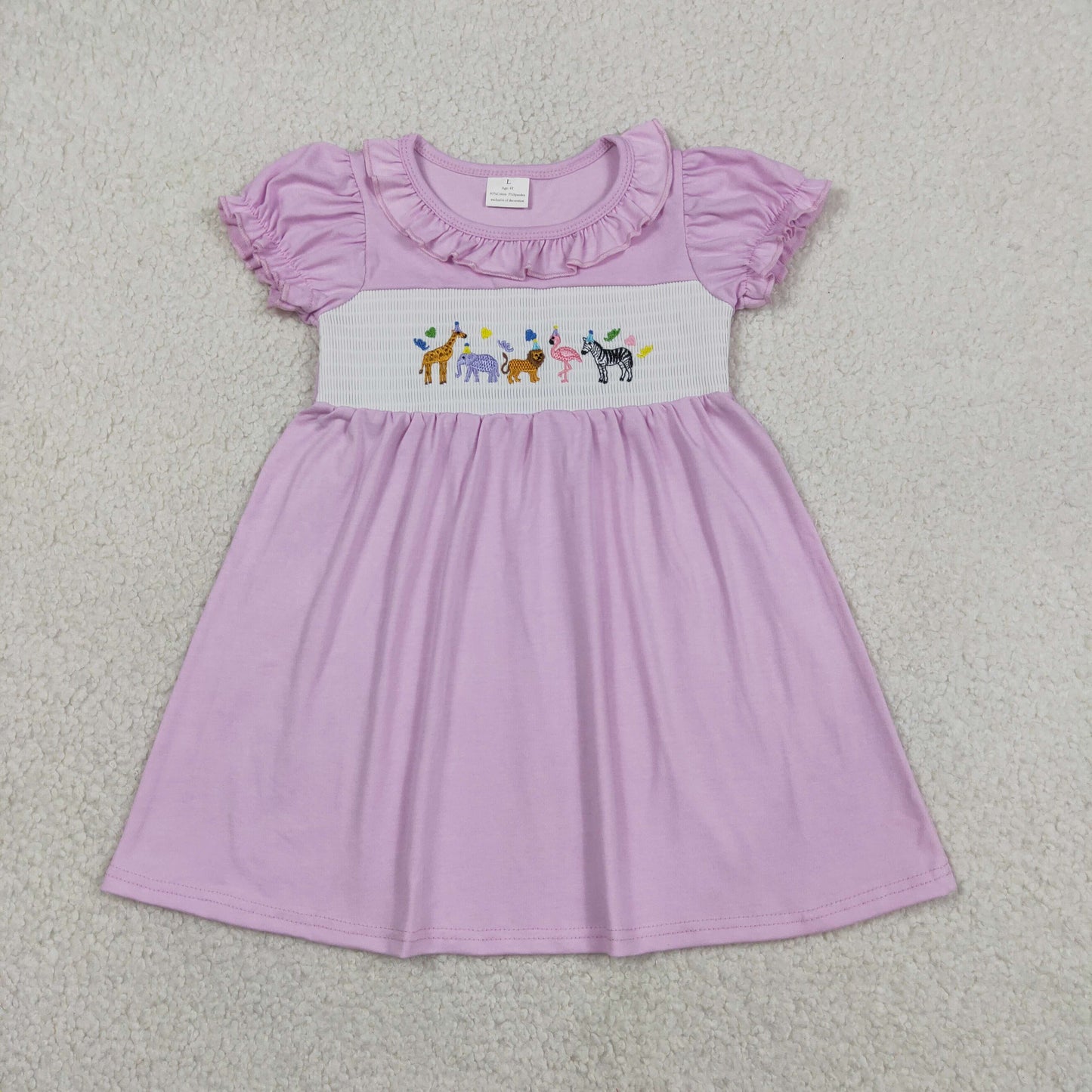 Smocked Animals Baby Girls Pink Short Ruffle Sleeve Knee Length Dresses