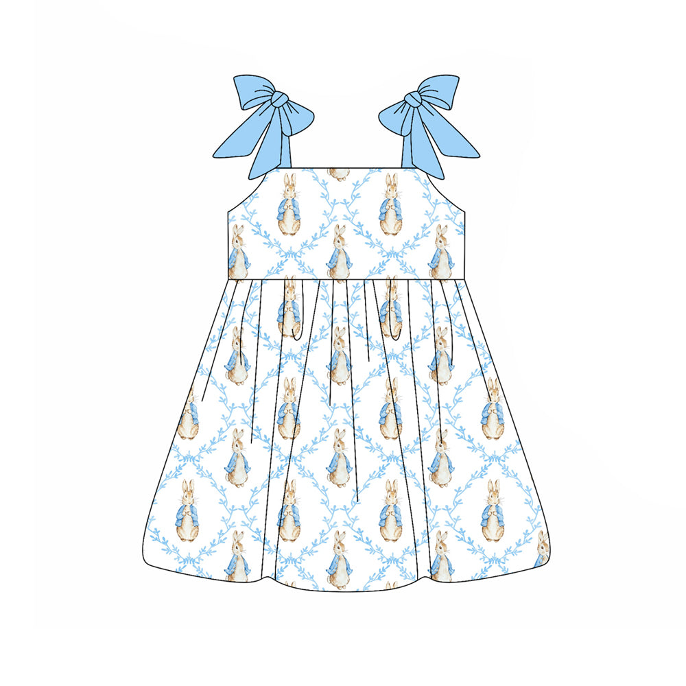 Baby Girls Strap Bows Rabbits Checked Easter Knee Length Dresses Preorder