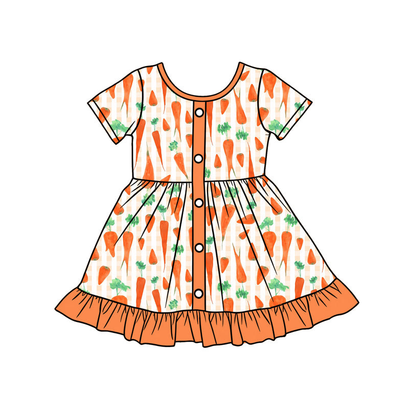 Baby Girls Orange Checked Carrots Easter Button Ruffle Knee Length Dresses Preorder
