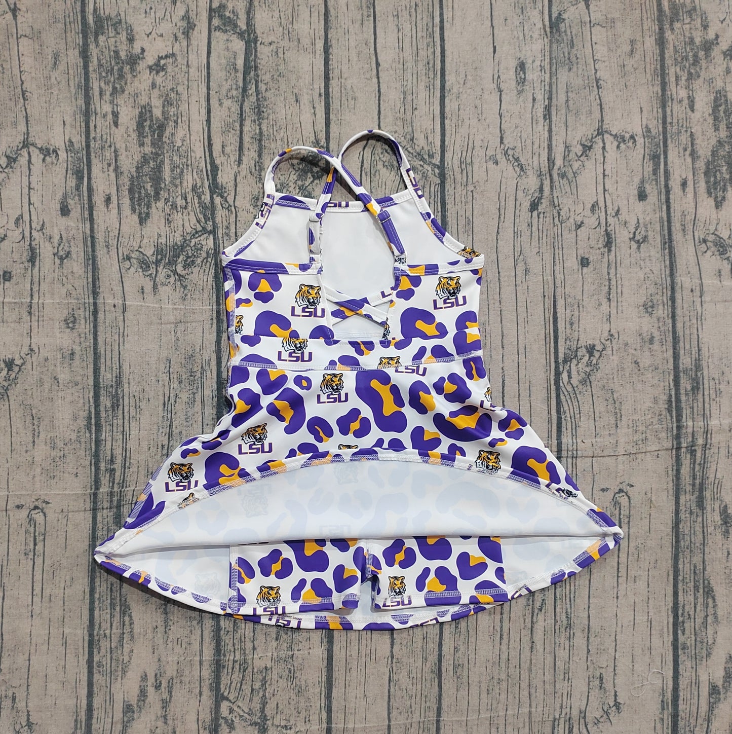 Baby Girls Strap Purple Leopard LSU Tigers Team Yoga Active Shorts Knee Length Dresses