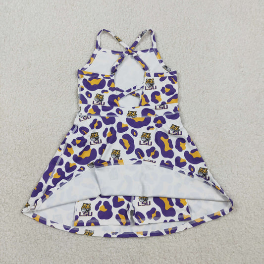 Baby Girls Strap Purple Leopard LSU Tigers Team Yoga Active Shorts Knee Length Dresses