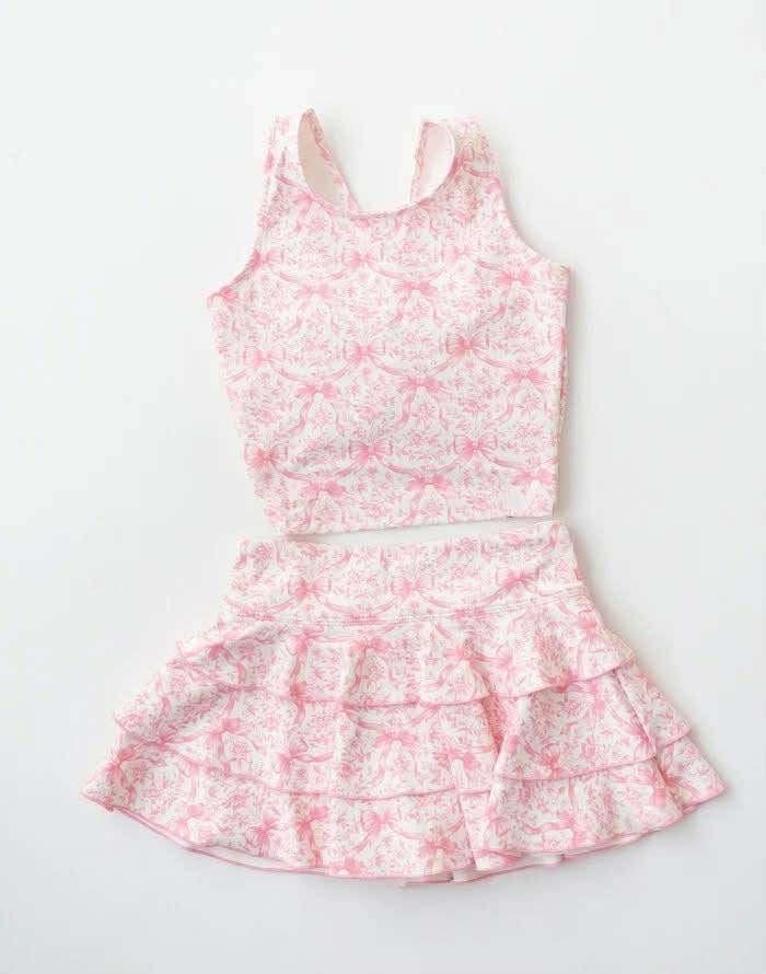 Baby Girls Pink Bows Flowers Vest Top Ruffle Skirt Short Yoga Active Clothes Sets Preorder