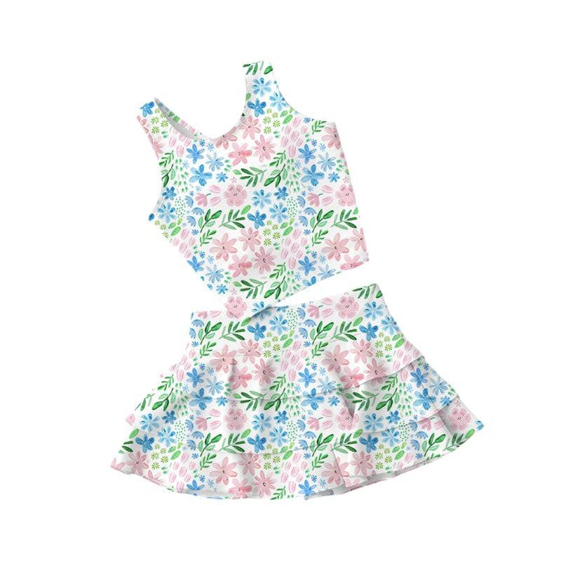 Baby Girls Colorful Flowers Vest Top Ruffle Skirt Short Yoga Active Clothes Sets Preorder