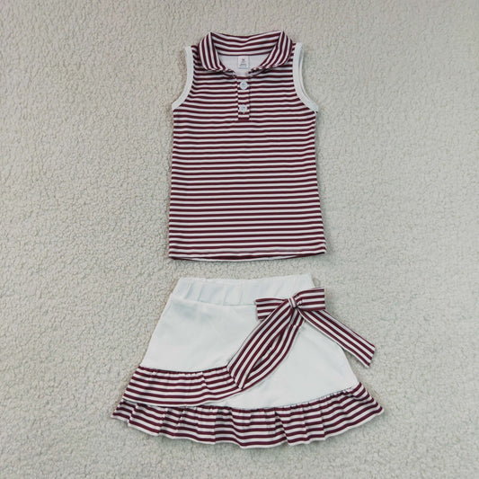 Baby Girls Maroon Stripe Button Top Ruffle Skirt Shorts Yoga Active Clothes Sets